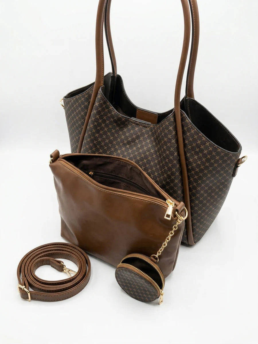 Bolso tote con patrón geométrico y un bolso de mano marrón a juego