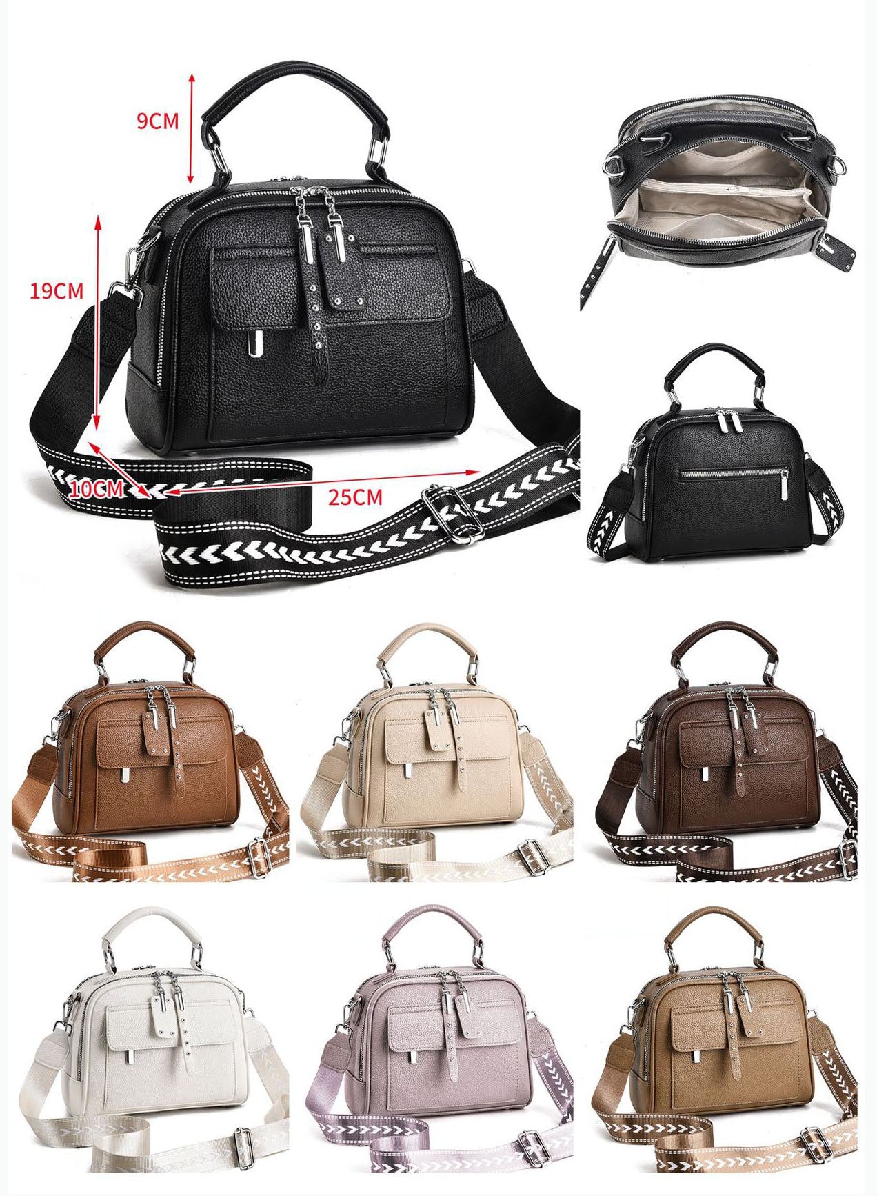 Mini cartera con tiro en tela y detalles en plateado