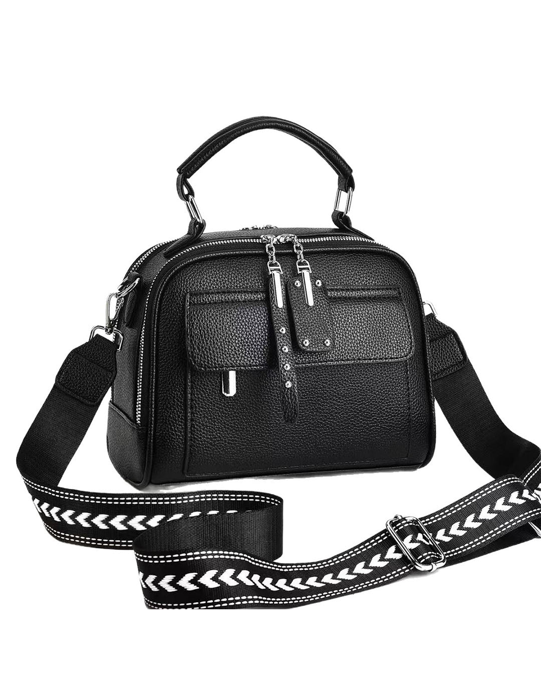 Mini cartera con tiro en tela y detalles en plateado