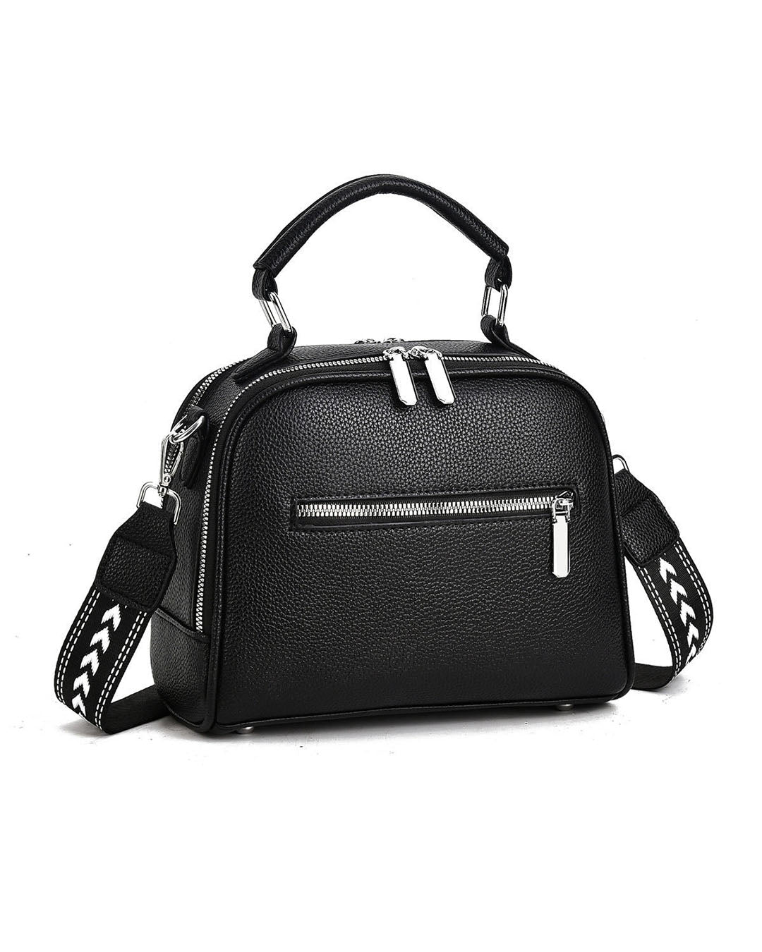 Mini cartera con tiro en tela y detalles en plateado