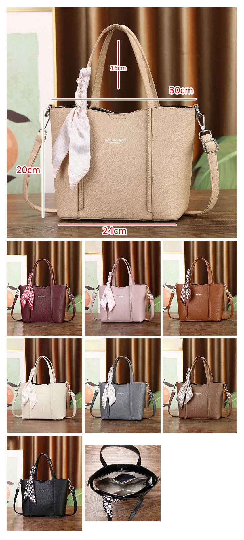 Cartera de mano con correa cruzada y pañuelo decorativo