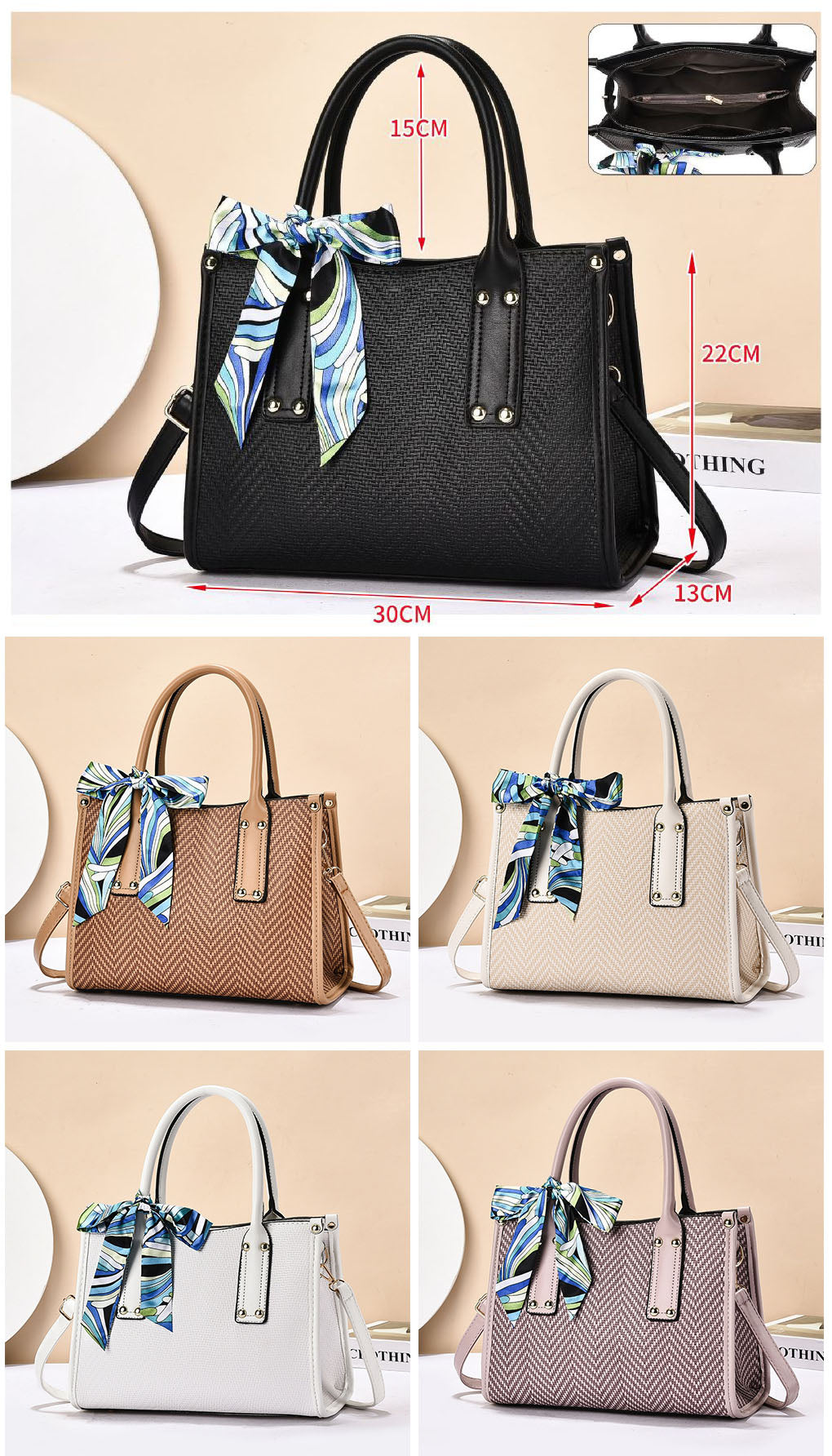 Cartera cuadrada con detalles en dorado y bufanda