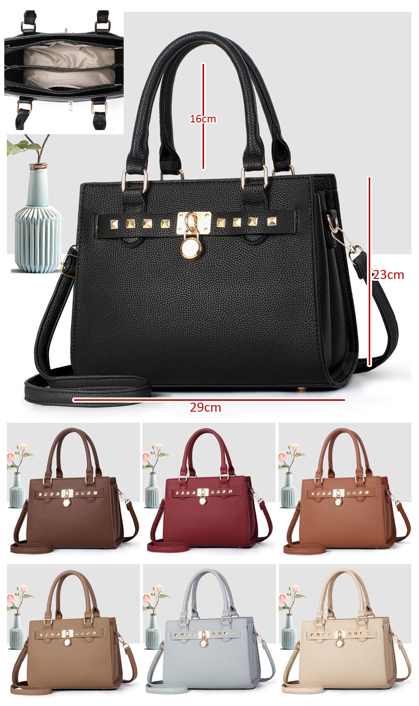 Cartera mediana de mano con detalles y tachuelas frontales en dorado