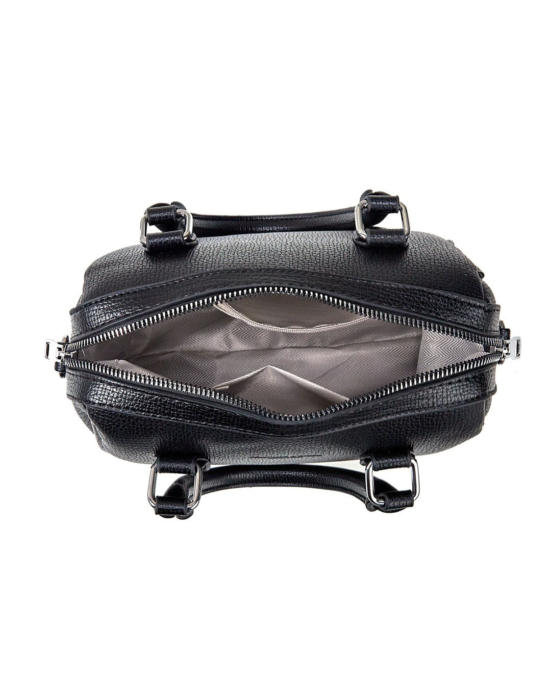 Cartera pequeña tipo baul con detalles en plateado