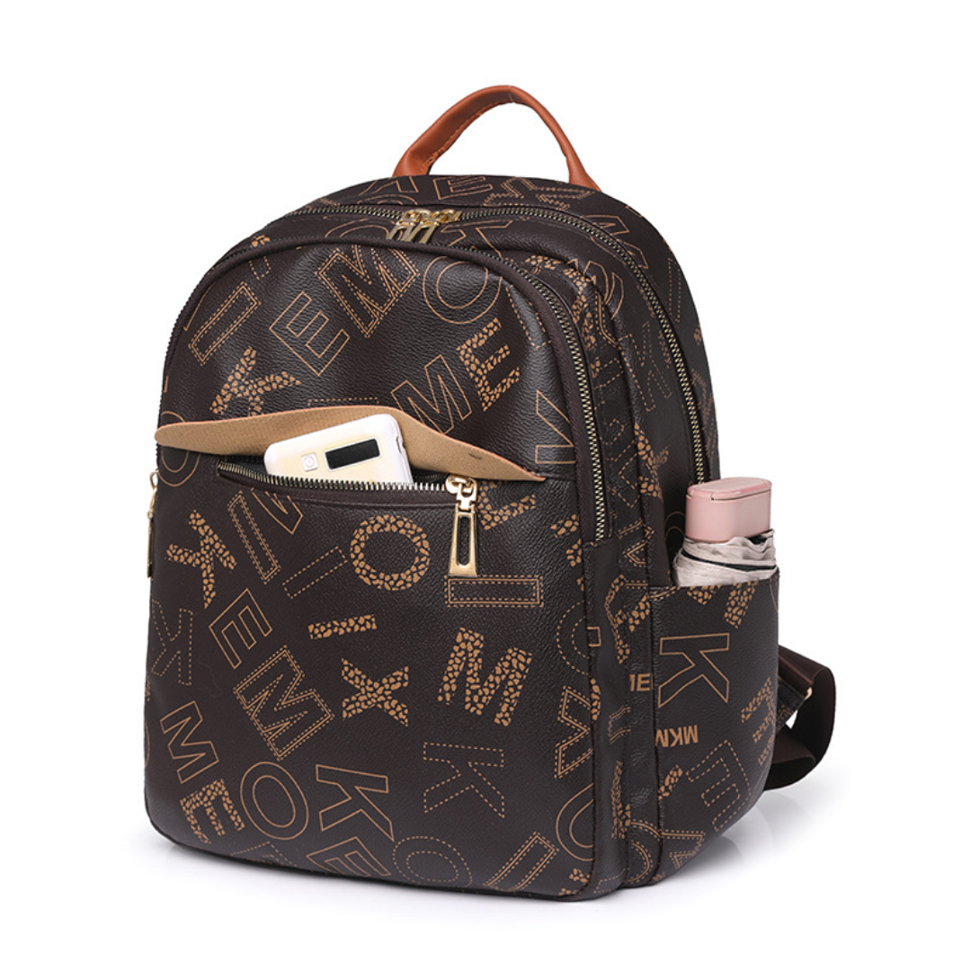 Mochila con diseño de letras, bolsillos laterales y bolsillo frontal con cremallera