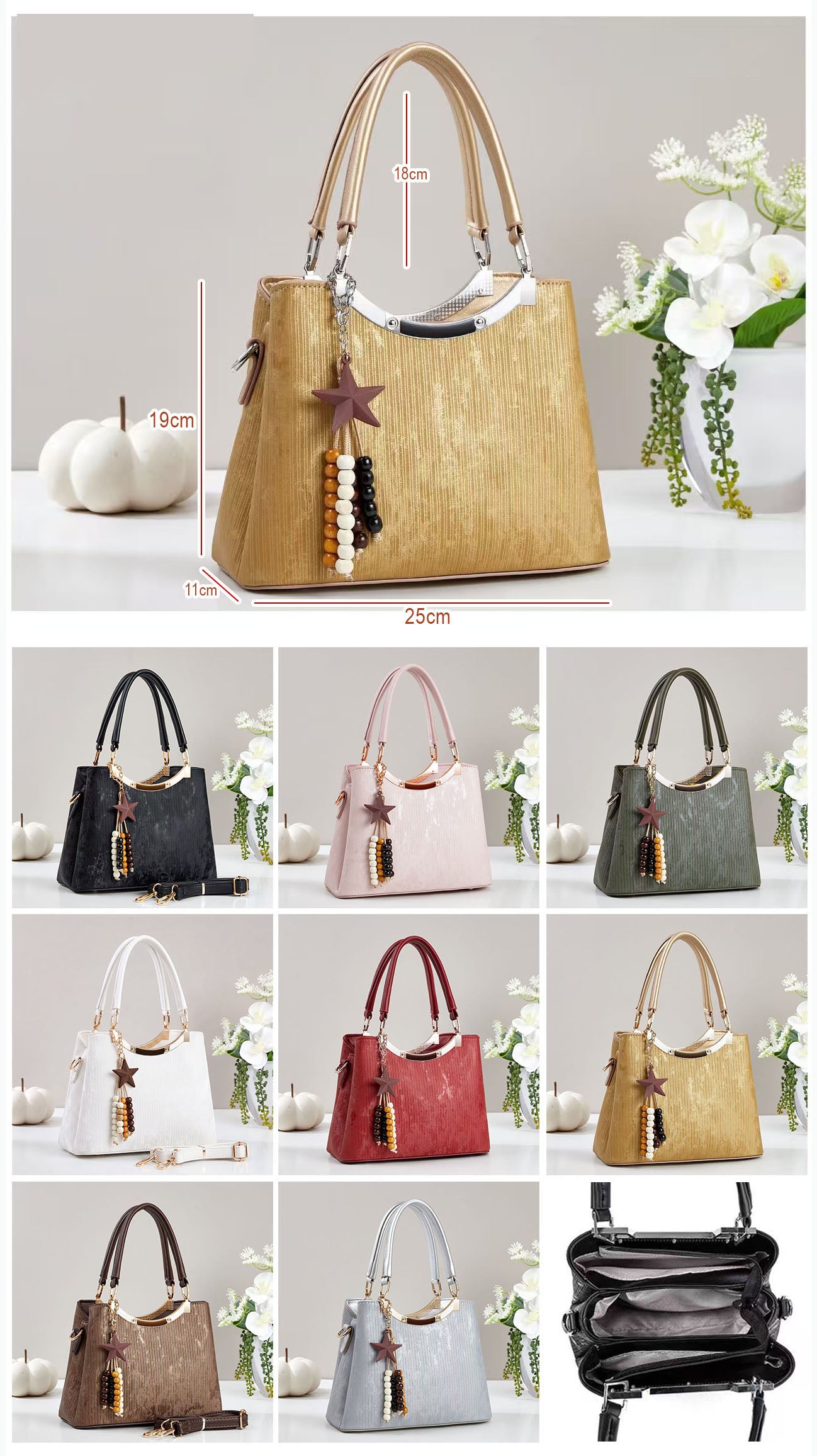 Cartera mediana con detalles en dorado y llavero colgante removible