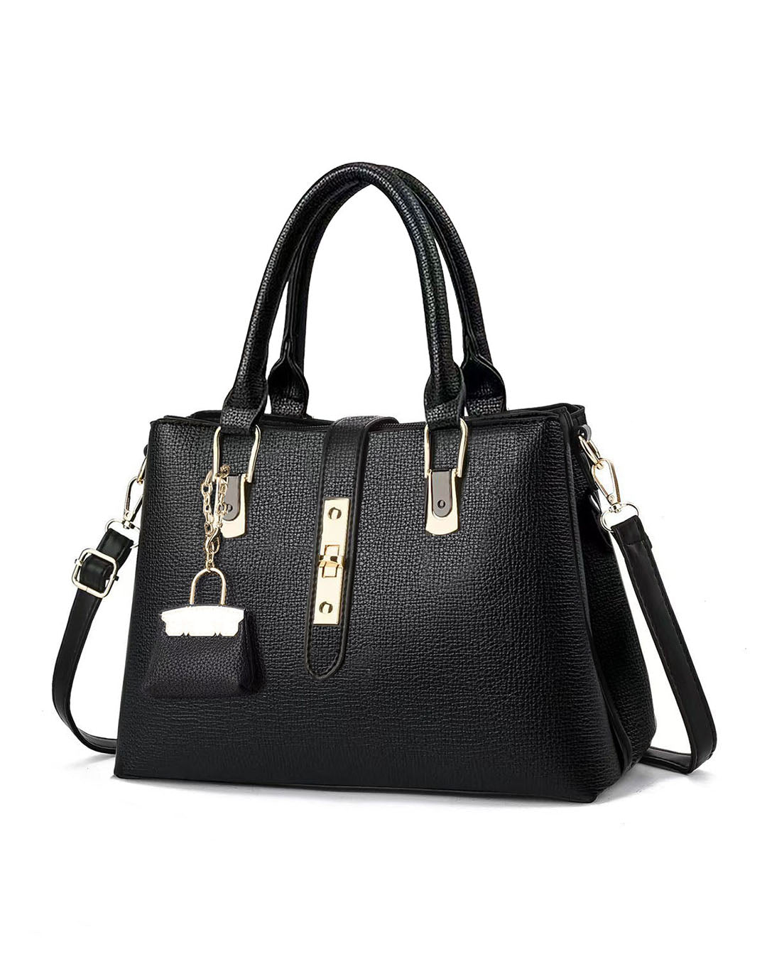 Cartera tipo satchel con textura granulada y detalles dorados