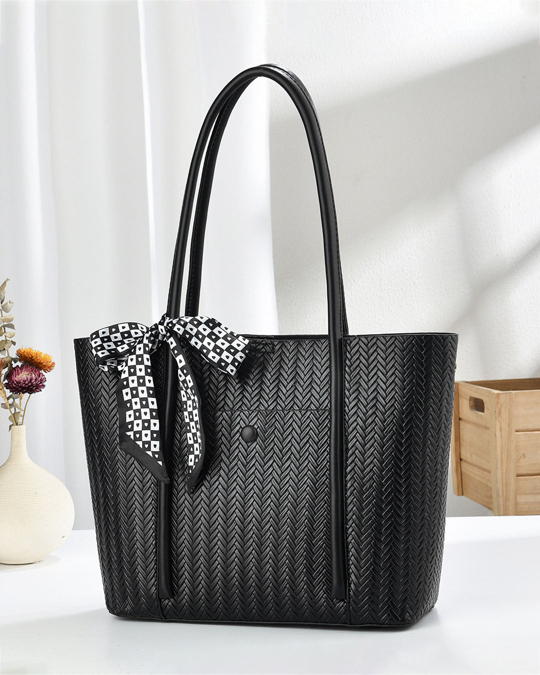 Bolso tote de hombro para mujer con diseño trenzado y lazo decorativo
