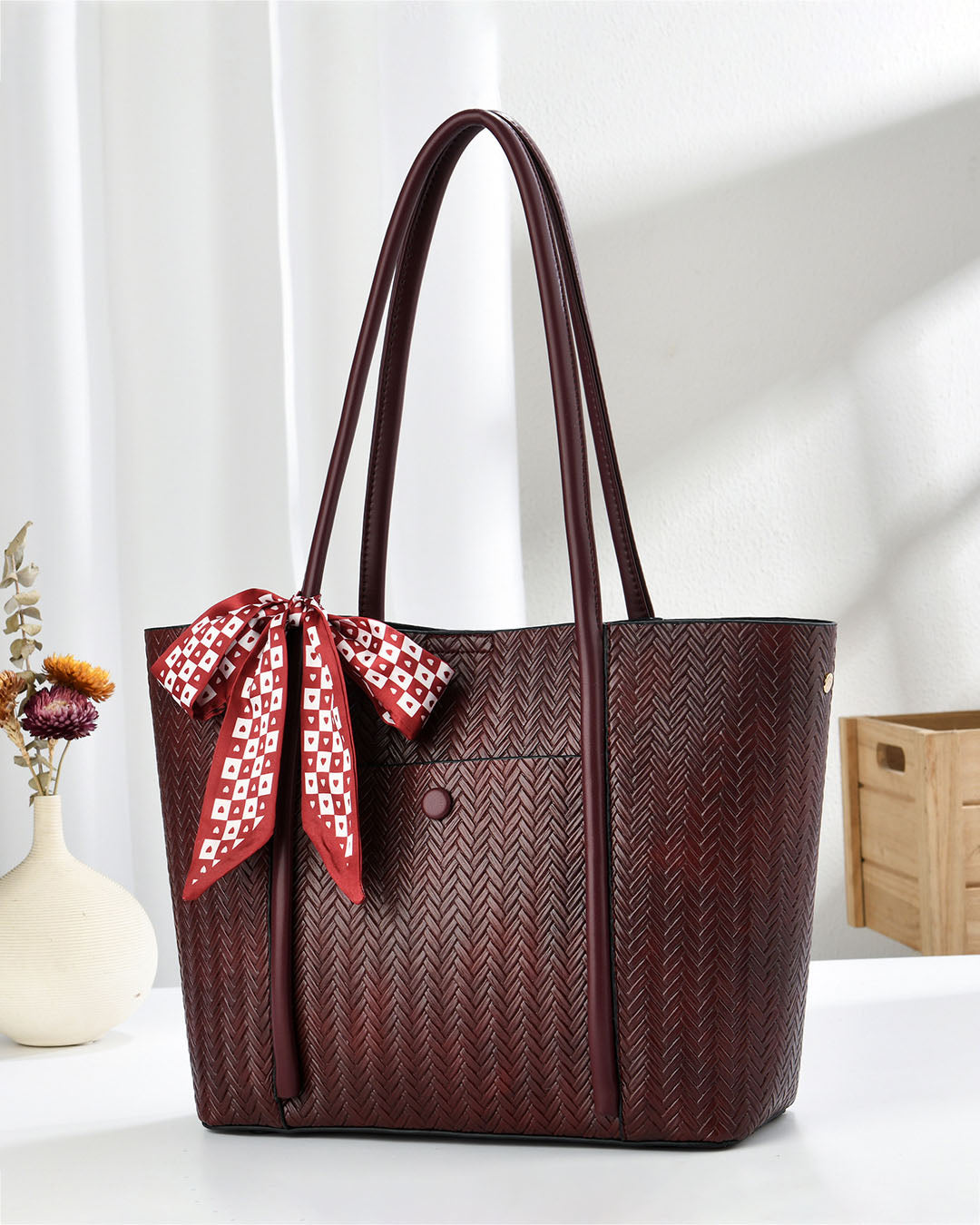 Bolso tote de hombro para mujer con diseño trenzado y lazo decorativo