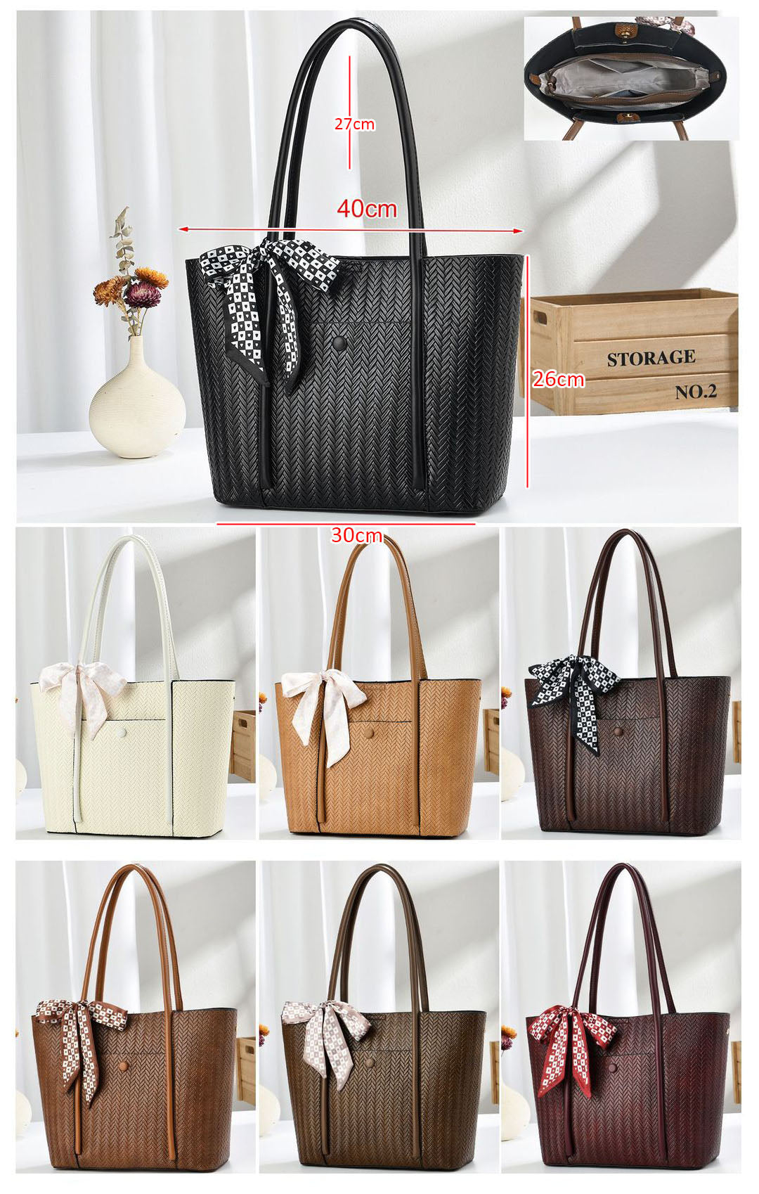 Bolso tote de hombro para mujer con diseño trenzado y lazo decorativo