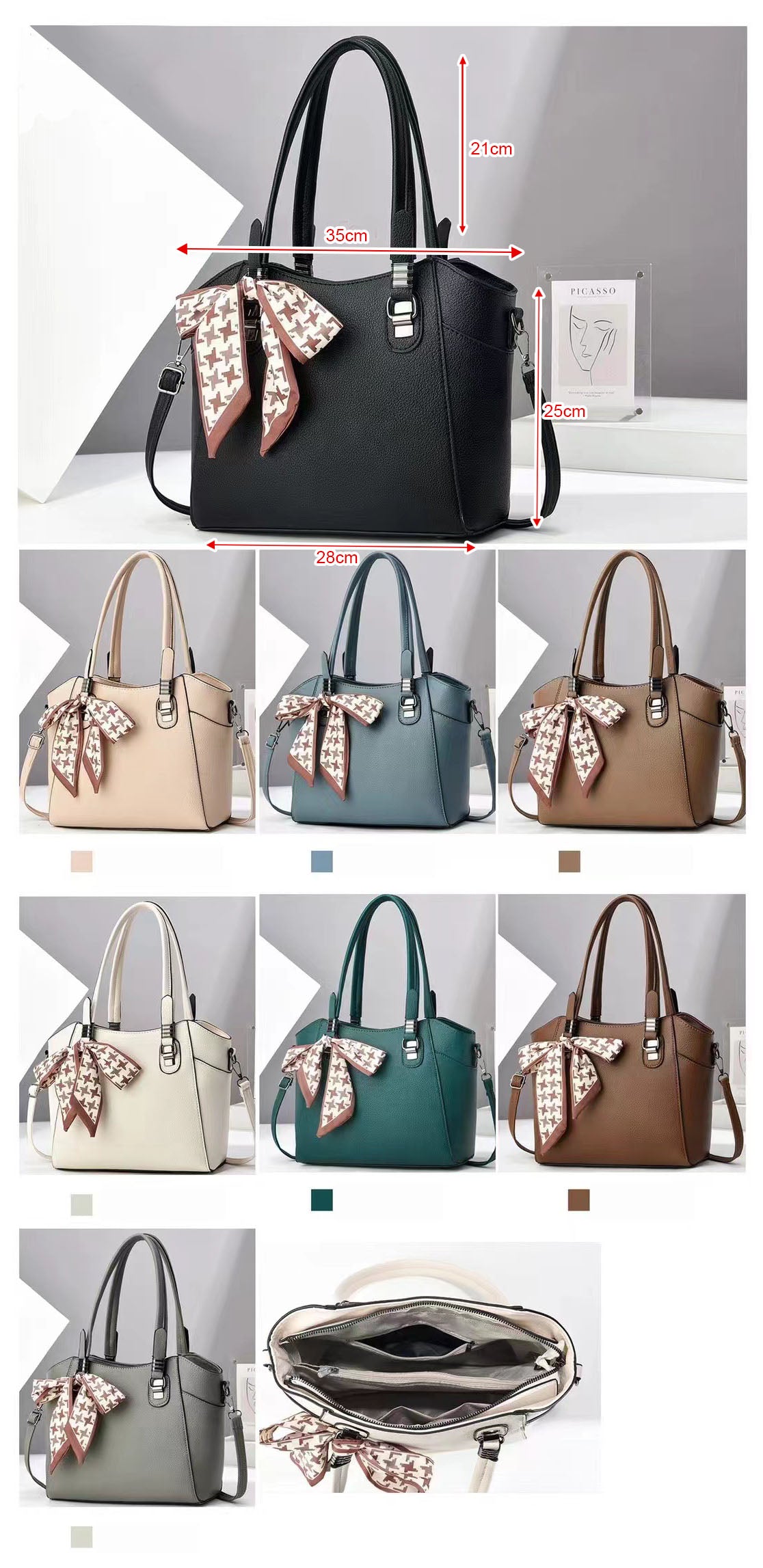Cartera espaciosa con lazo decorativo, detalles en plateado