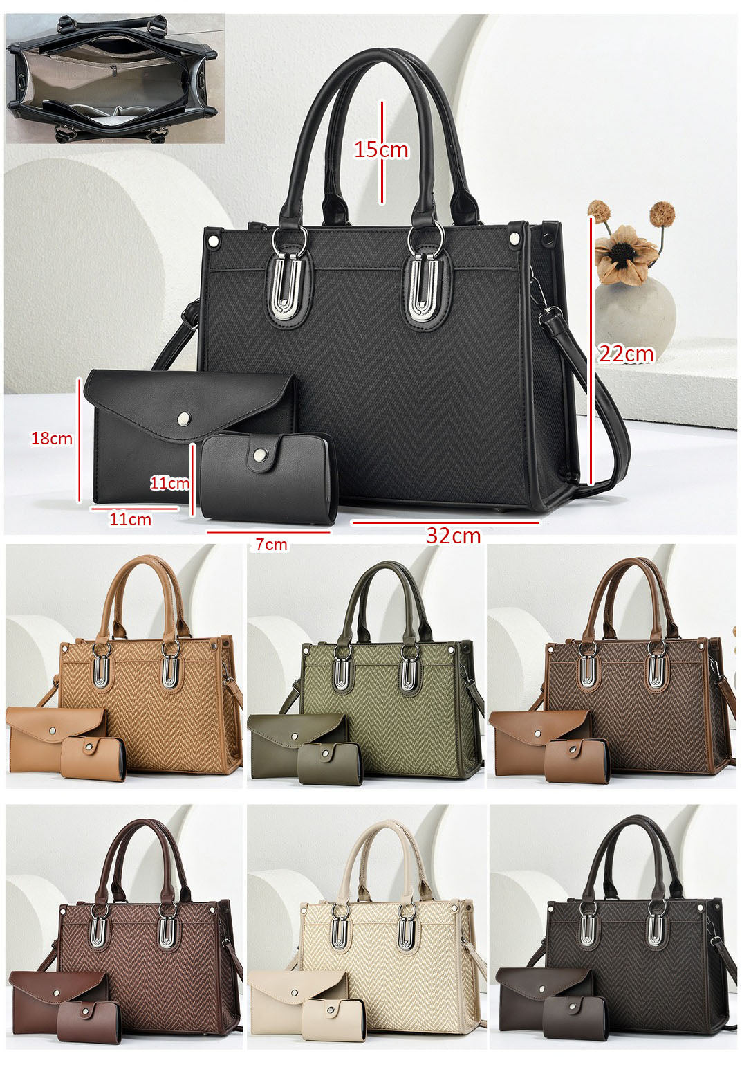 Combo tres piezas, cartera de mano con sobre y tarjetero