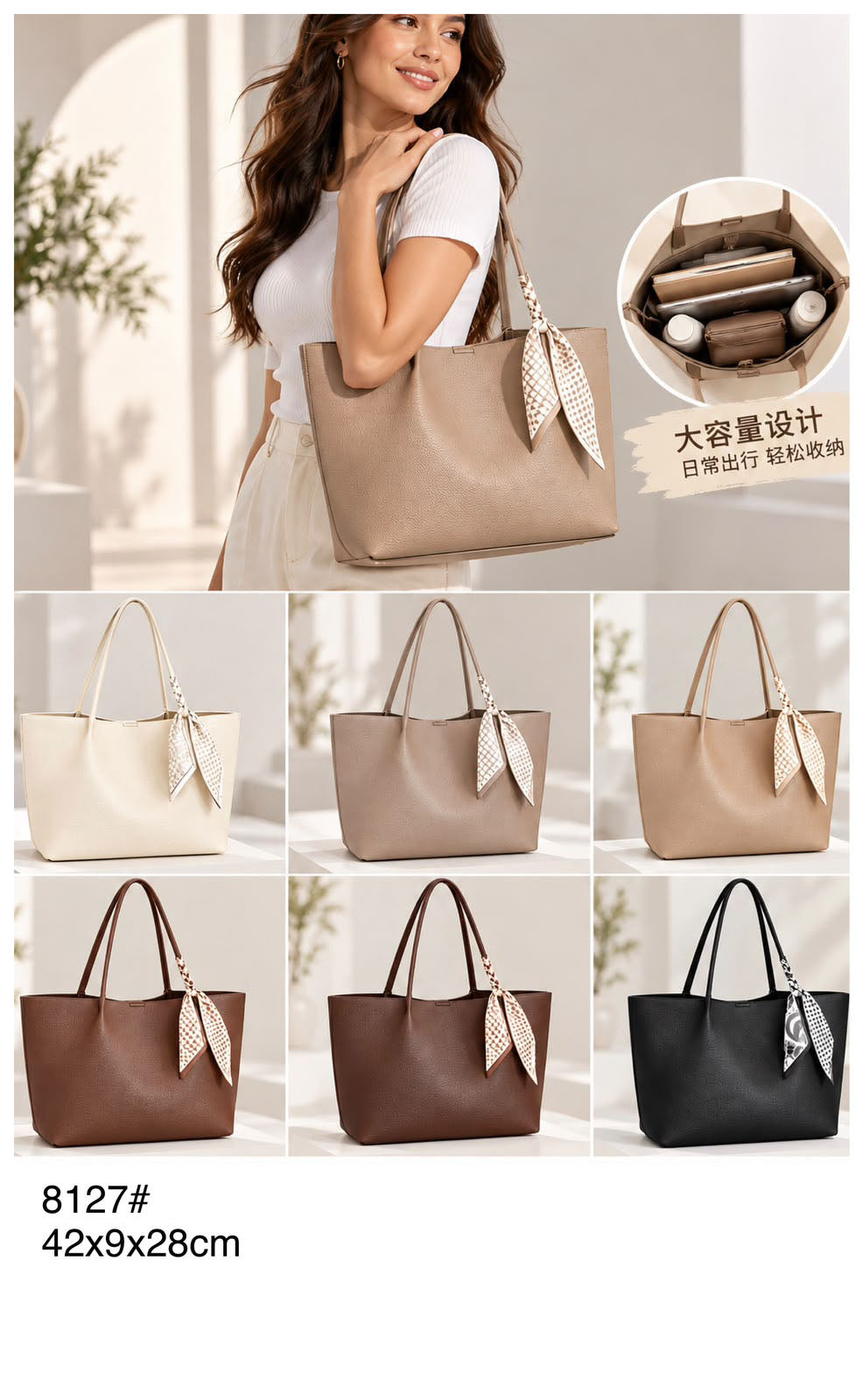 Bolso tote con pañuelo y neceser a juego