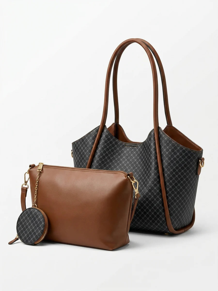 Bolso tote con patrón geométrico y un bolso de mano marrón a juego