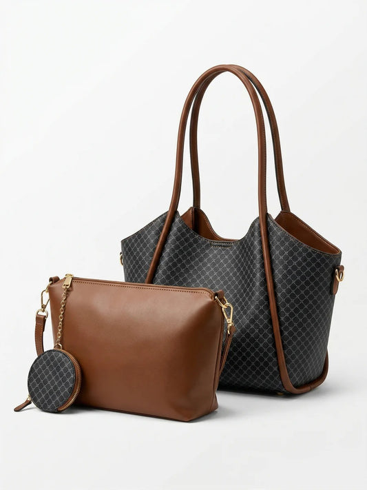 Bolso tote con patrón geométrico y un bolso de mano marrón a juego