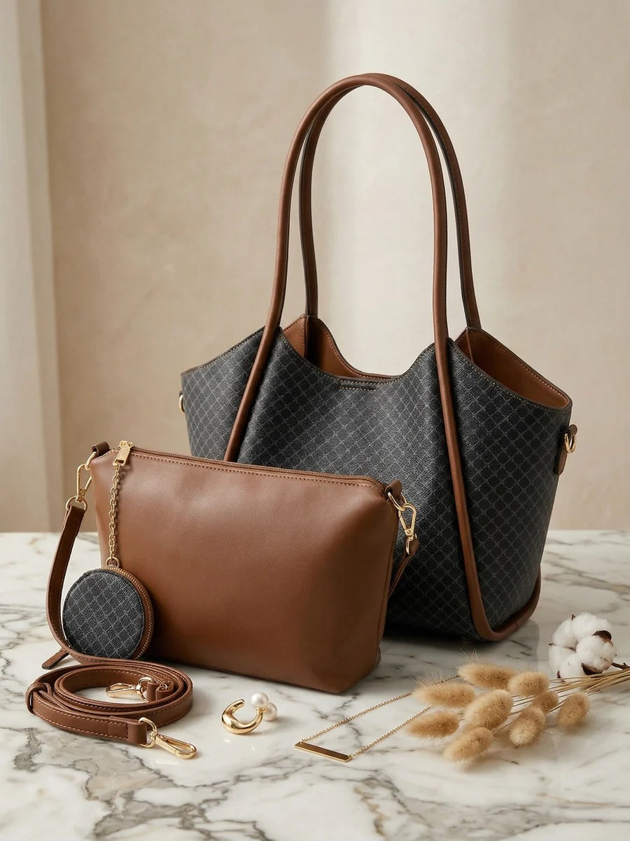 Bolso tote con patrón geométrico y un bolso de mano marrón a juego