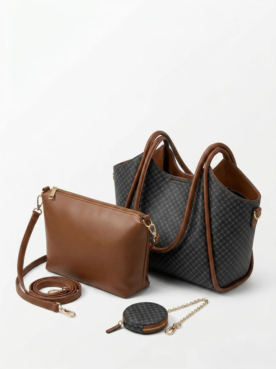 Bolso tote con patrón geométrico y un bolso de mano marrón a juego