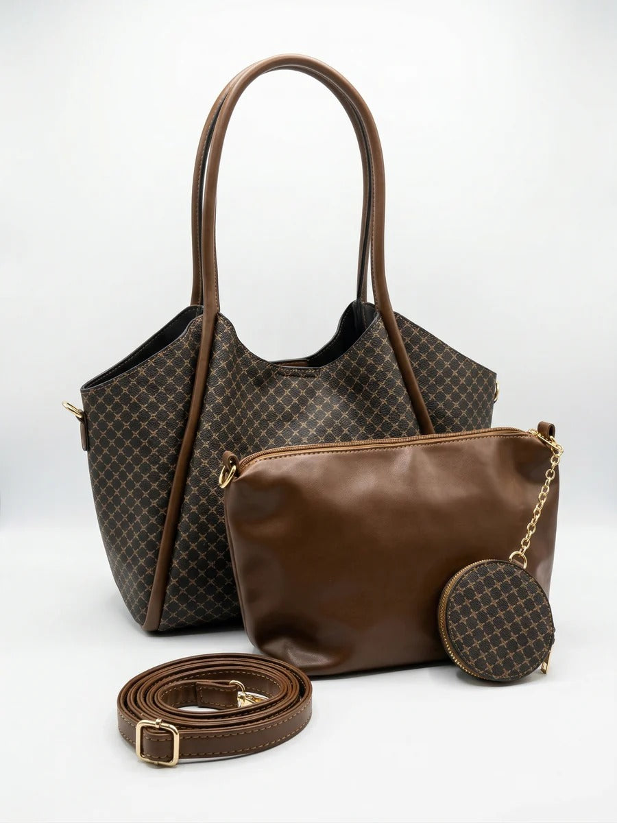 Bolso tote con patrón geométrico y un bolso de mano marrón a juego