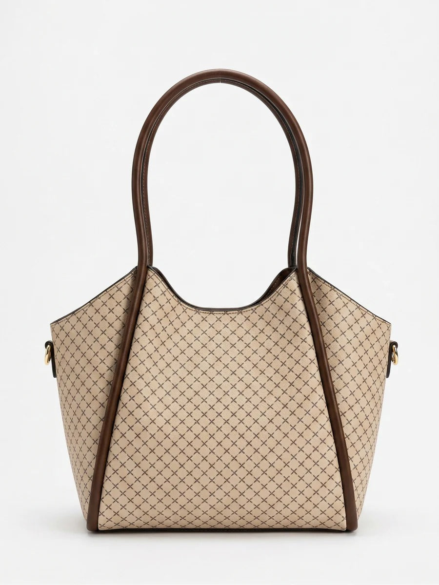 Bolso tote con patrón geométrico y un bolso de mano marrón a juego