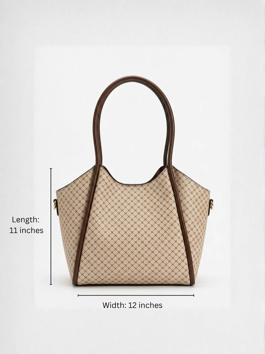 Bolso tote con patrón geométrico y un bolso de mano marrón a juego