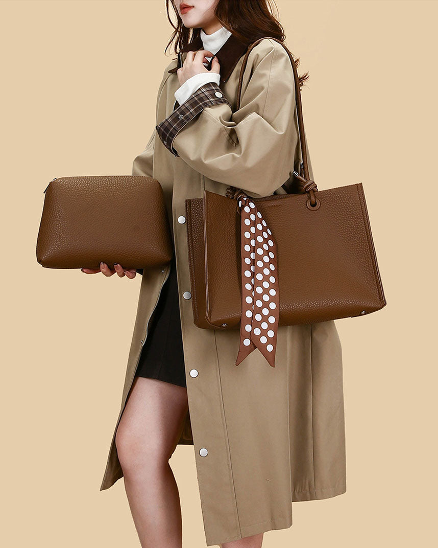 Black Friday • Cartera Tipo Tote de Asas Largas con Pañuelo Decorativo y Estuche Interno removible  – Diseño Texturizado y Práctico